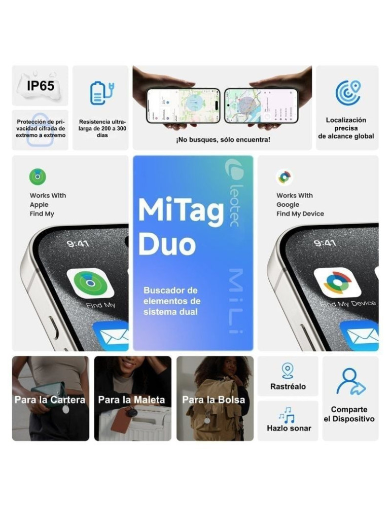 Localizador Leotec EasyTag Dual/ Blanco/ Incluye Llavero Blanco