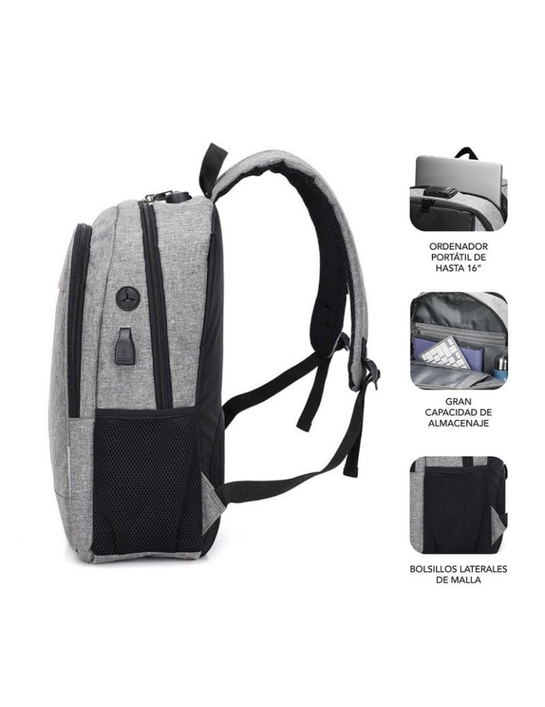 Mochila Subblim Urban Lock para Portátiles hasta 16"/ Puerto USB/ Antirrobo/ Gris
