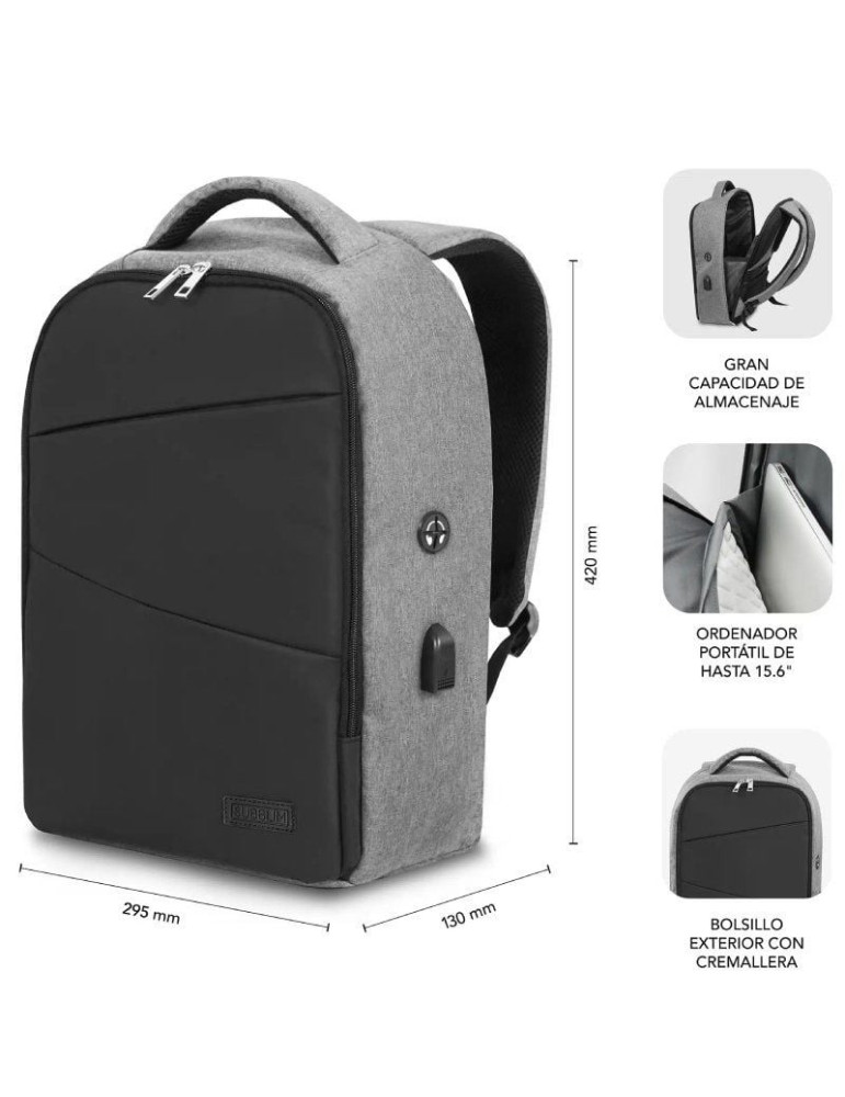 Mochila Subblim Secure V2 AP para Portátiles hasta 15.6"/ Puerto USB/ Antirrobo/ Gris