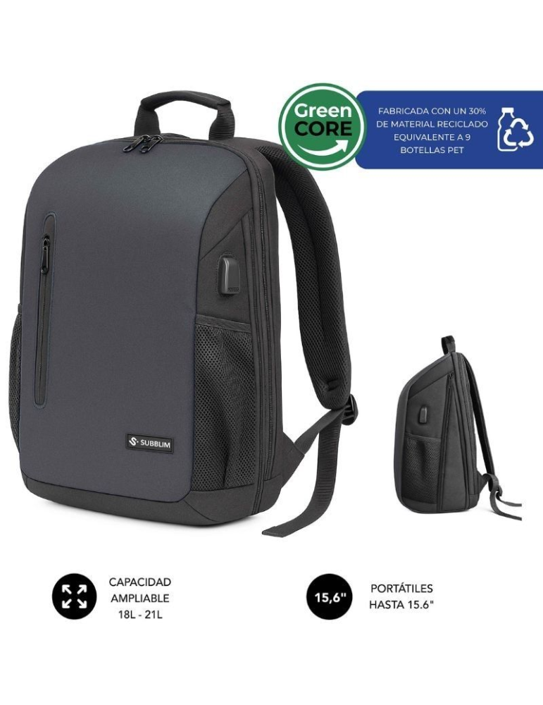 Mochila Subblim Xpand Air Padding Backpack para Portátiles hasta 15.6"/ Puerto USB/ Negro