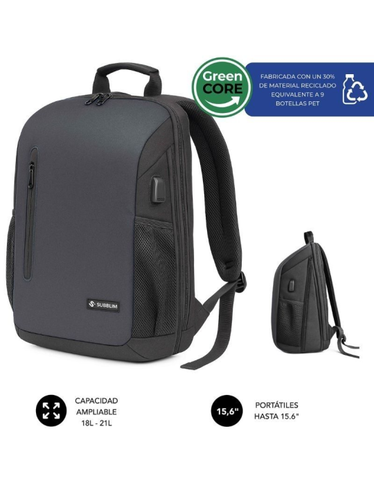 Mochila Subblim Xpand Air Padding Backpack para Portátiles hasta 15.6"/ Puerto USB/ Negro