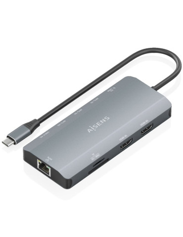 Docking USB Tipo-C Aisens ASUC-10P052-GR/ 2xHDMI 4K/ 1xRJ45/ 3xUSB/ 1xUSB Tipo-C/ 1xUSB Tipo-C PD/ 1xLector de Tarjetas/ Gris