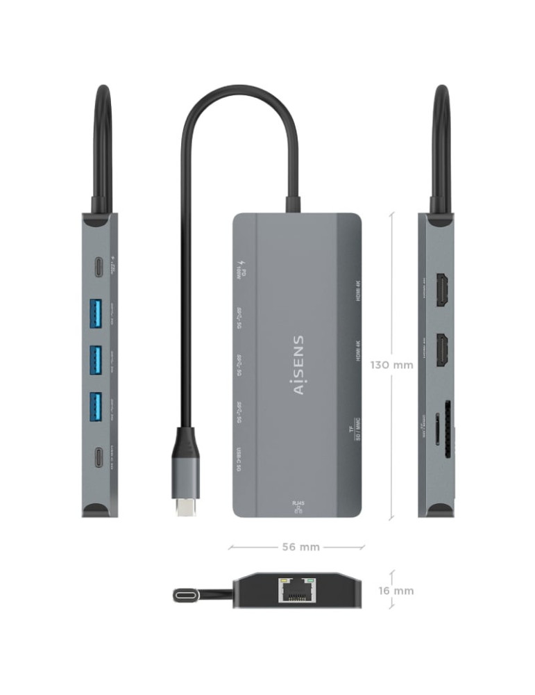 Docking USB Tipo-C Aisens ASUC-10P052-GR/ 2xHDMI 4K/ 1xRJ45/ 3xUSB/ 1xUSB Tipo-C/ 1xUSB Tipo-C PD/ 1xLector de Tarjetas/ Gris