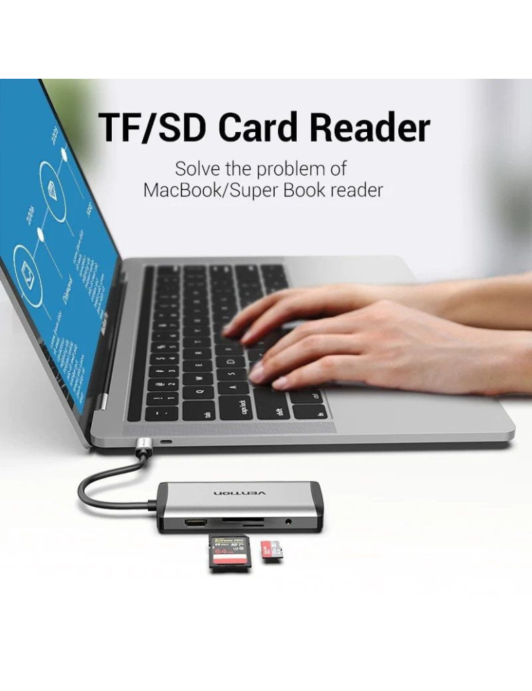 Docking USB Tipo-C Vention THAHB/ 1xHDMI 4K/ 3xUSB/ 1xUSB Tipo-C PD/ 1xRJ45/ 1xLector tarjetas/ 1xAudio/ Gris