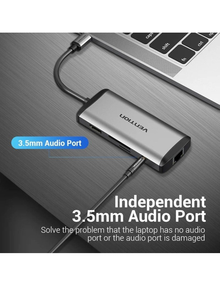 Docking USB Tipo-C Vention THAHB/ 1xHDMI 4K/ 3xUSB/ 1xUSB Tipo-C PD/ 1xRJ45/ 1xLector tarjetas/ 1xAudio/ Gris