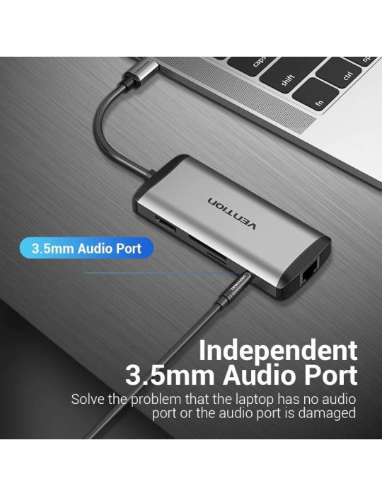Docking USB Tipo-C Vention THAHB/ 1xHDMI 4K/ 3xUSB/ 1xUSB Tipo-C PD/ 1xRJ45/ 1xLector tarjetas/ 1xAudio/ Gris