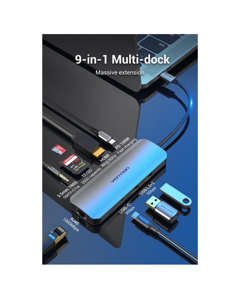 Docking USB Tipo-C Vention TOMHB/ 1xHDMI 4K/ 2xUSB/ 1xUSB Tipo-C/ 1xUSB Tipo-C PD/ 1xRJ45/ 1xLector Tarjetas SD y MicroSD/ Jack