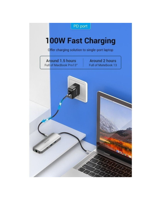 Docking USB Tipo-C Vention TOMHB/ 1xHDMI 4K/ 2xUSB/ 1xUSB Tipo-C/ 1xUSB Tipo-C PD/ 1xRJ45/ 1xLector Tarjetas SD y MicroSD/ Jack