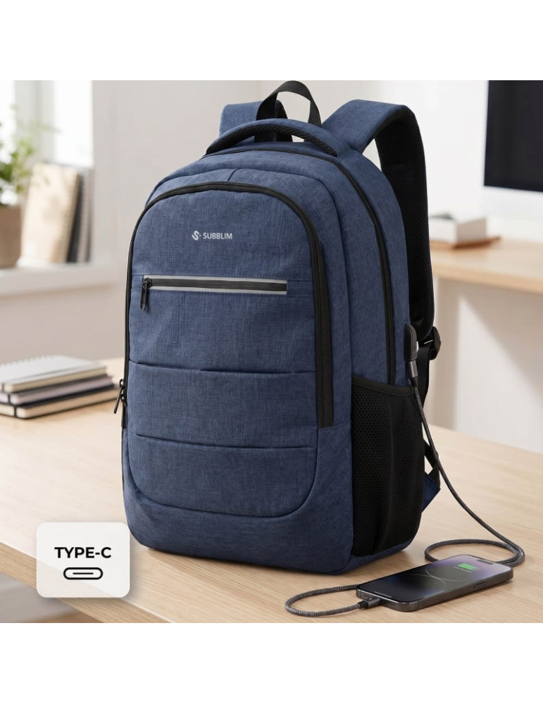 Mochila Subblim City Plus 26L Backpack para Portátiles hasta 16"/ Puerto USB/ Azul
