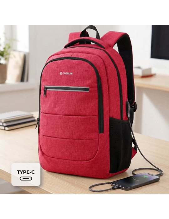 Mochila Subblim City Plus 26L Backpack para Portátiles hasta 15.6"/ Puerto USB/ Roja