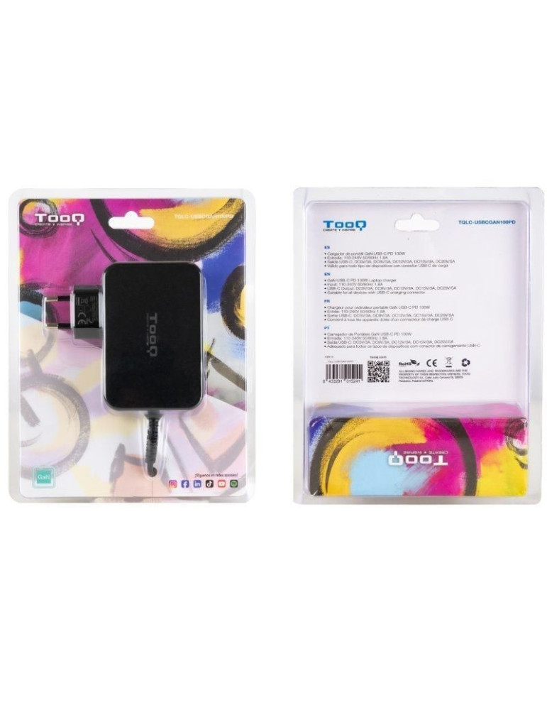 Cargador de Portátil GaN TooQ TQLC-USBCGAN100PD USB Tipo-C/ 100W/ Automático/ Voltaje 5-20V