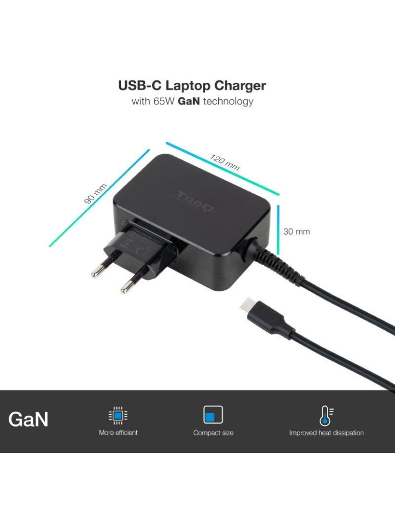 Cargador de Portátil GaN TooQ TQLC-USBCGAN65PD USB Tipo-C/ 65W/ Automático/ Voltaje 5-20V