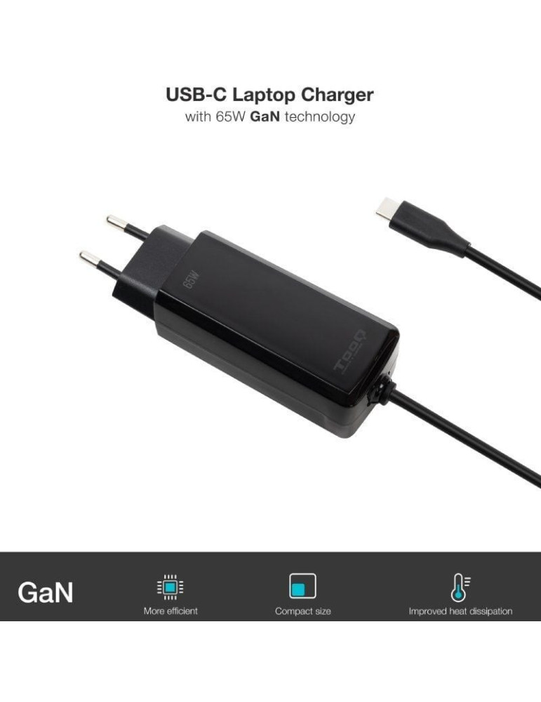Cargador de Portátil GaN TooQ TQLC-USBCGAN65PD-C USB Tipo-C/ 65W/ Automático/ Voltaje 5-20V