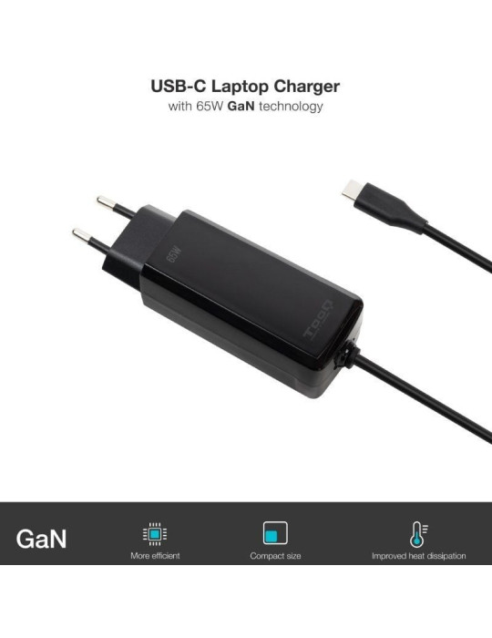Cargador de Portátil GaN TooQ TQLC-USBCGAN65PD-C USB Tipo-C/ 65W/ Automático/ Voltaje 5-20V