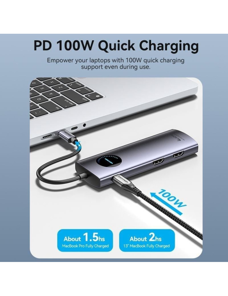 Docking USB Tipo-C Vention TQVHB/ 2xHDMI 4K/ 3xUSB/ 1xRJ45/ 1xLector de Tarjetas/ 1xUSB Tipo-C PD/ Gris