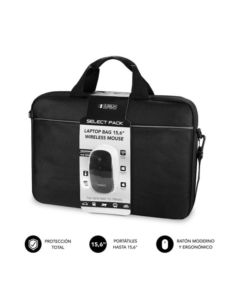 Maletín + Ratón Inalámbrico Subblim Select Pack para Portátiles hasta 15.6"/ Cinta para Trolley/ Negro