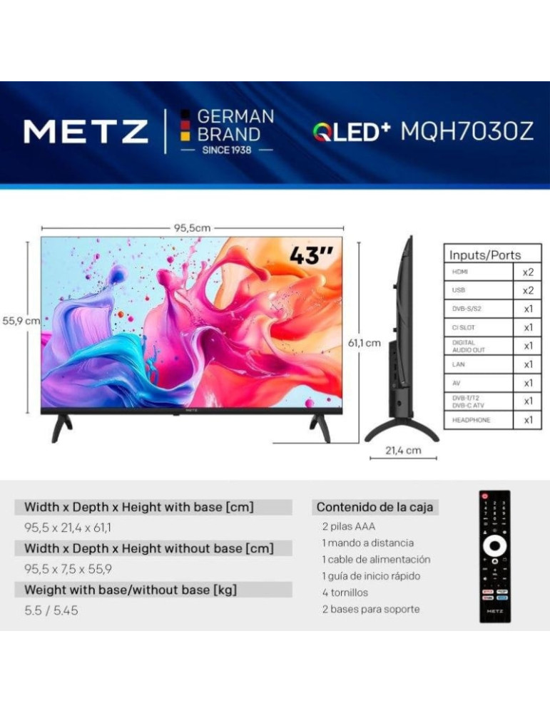 Televisor Metz QLED 43MQH7030Z 43"/ Full HD/ Smart TV/ WiFi