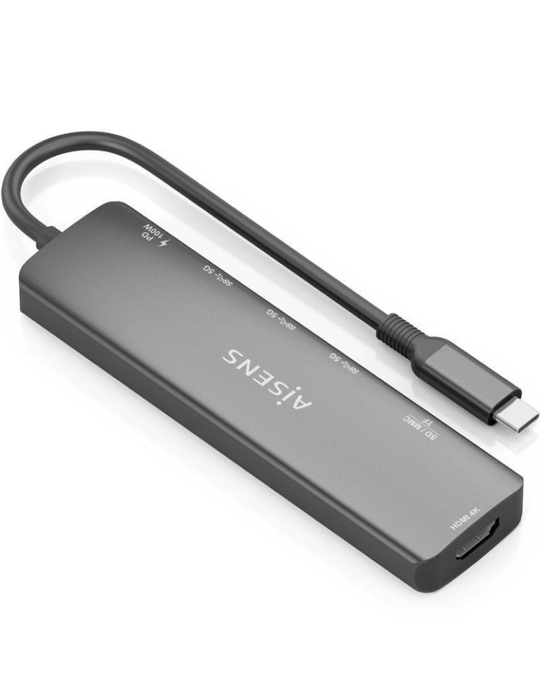 Docking USB Tipo-C Aisens ASUC-7P025-GR/ 1xHDMI 4K/ 3xUSB/ 1xUSB Tipo-C PD/ 1xLector Tarjetas/ Gris