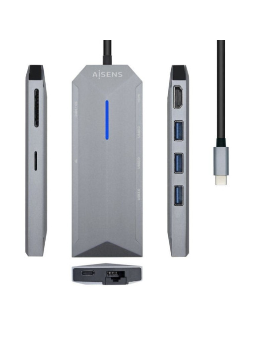 Docking USB Tipo-C Aisens ASUC-8P004-GR/ 1xHDMI 4K/ 3xUSB/ 1xRJ45/ 1xLector Tarjetas / 1xUSB Tipo-C PD/ Gris