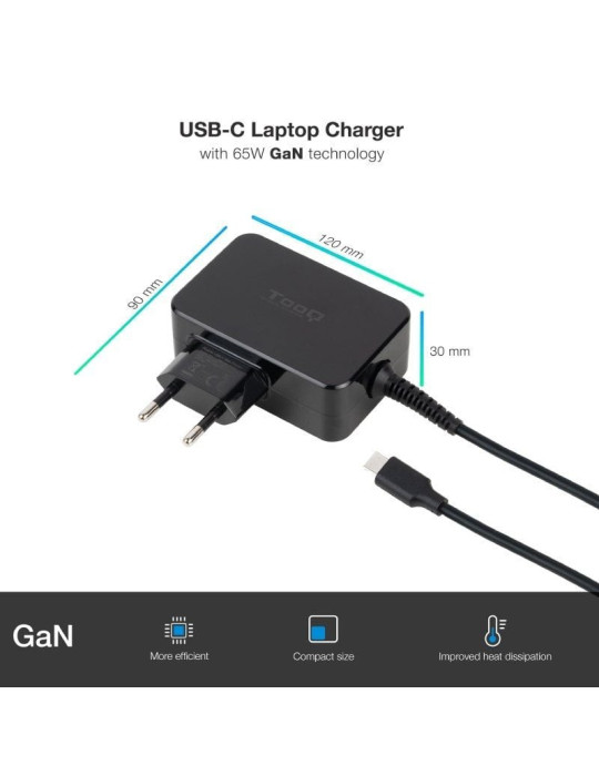Cargador de Portátil GaN TooQ TQLC-USBCGAN65PD USB Tipo-C/ 65W/ Automático/ Voltaje 5-20V