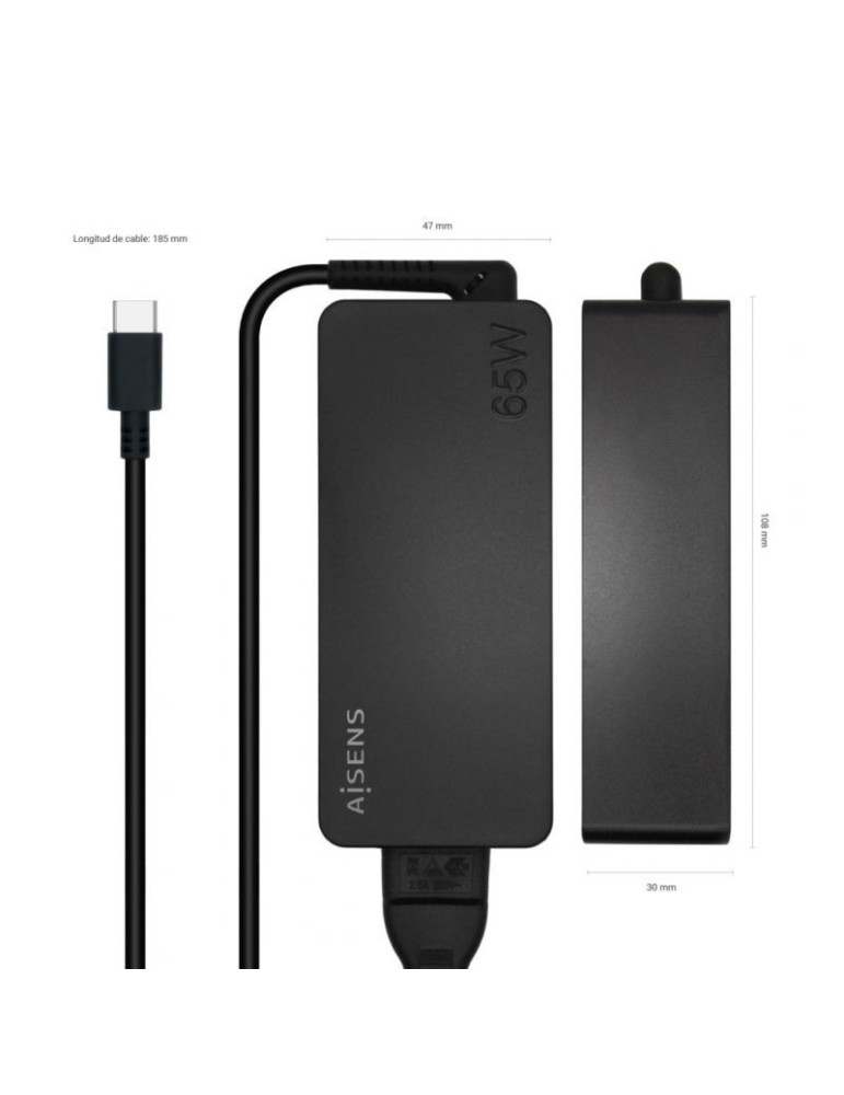 Cargador de Portátil Aisens ASCH-1PD65D-BK/ 1xUSB Tipo-C/ 65W/ Automatico/ Voltaje 5-20V