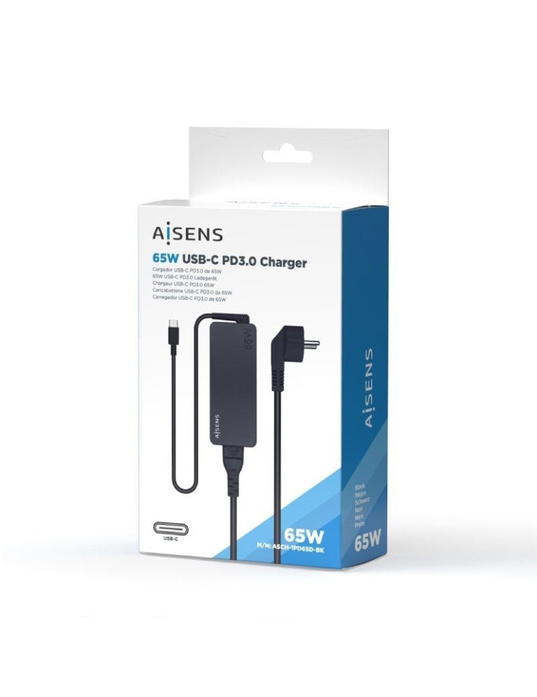 Cargador de Portátil Aisens ASCH-1PD65D-BK/ 1xUSB Tipo-C/ 65W/ Automatico/ Voltaje 5-20V