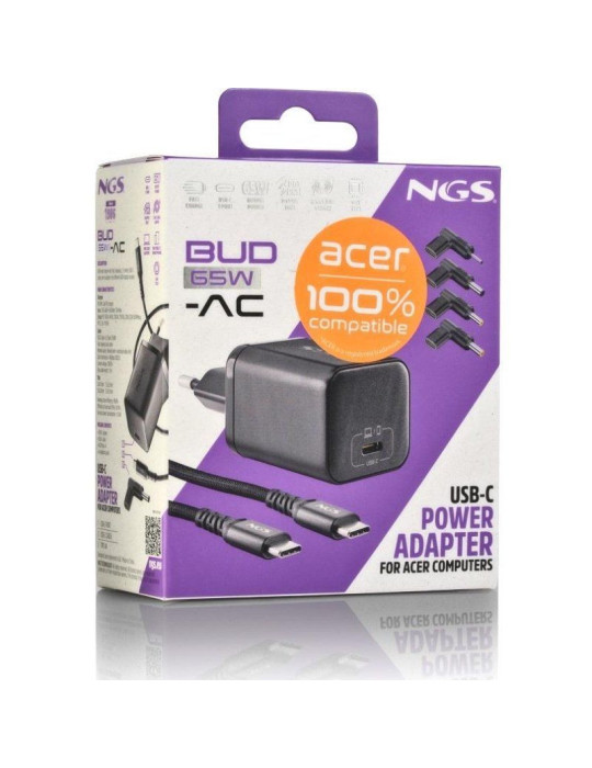 Cargador de Portátil GaN NGS BUD65W-AC para Acer/ 1xUSB Tipo-C/ 65W/ Automático/ 4 Conectores/ Voltaje 5-20V