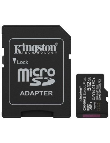 Tarjeta de Memoria Kingston CANVAS Select Plus 512GB microSD XC con Adaptador/ Clase 10/ 150MBs