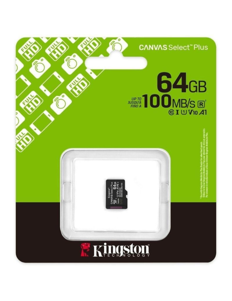 Tarjeta de Memoria Kingston CANVAS Select Plus 64GB microSD XC/ Clase 10/ 100MBs