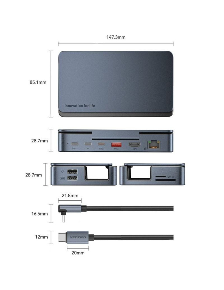 Docking USB Tipo-C para Steam Deck / Switch Vention TPZH0/ 2xHDMI 4K/ 3xUSB/ 1xUSB Tipo-C/ 1xUSB Tipo-C PD/ 1xRJ45/ 1xLector Tar