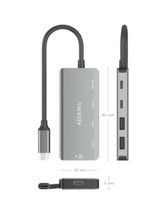 Hub USB Tipo-C Aisens A109-0946/ 2xUSB/ 2xUSB Tipo-C/ 1xUSB Tipo-C PD/ Gris