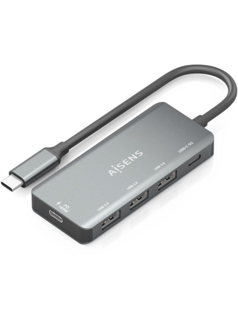 Hub USB Tipo-C Aisens A109-0945/ 3xUSB/ 1xUSB Tipo-C/ 1xUSB Tipo-C PD/ Gris
