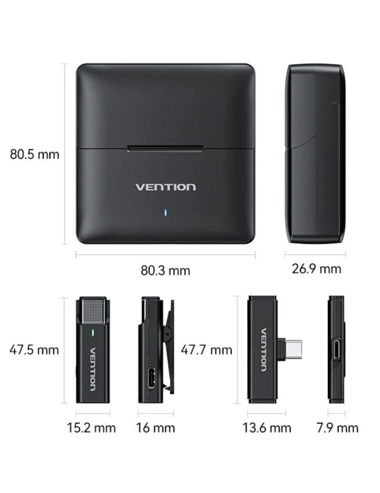 Micrófono Inalámbrico con Clip Vention NCAB0/ USB Tipo-C/ Incluye Receptor/ 2 unidades