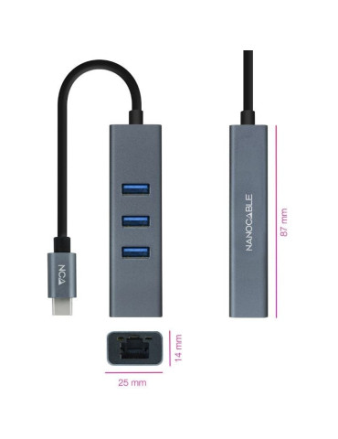 Hub USB Tipo-C Nanocable 10.03.0408/ 3xUSB/ 1xRJ45/ Gris 2