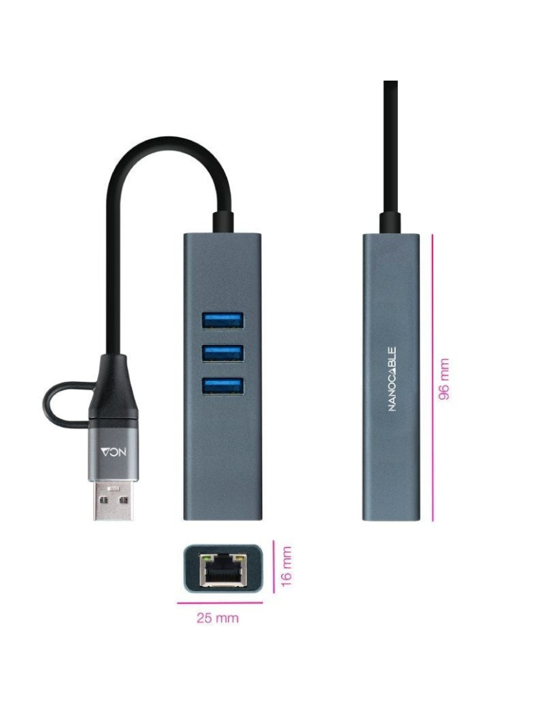 Hub USB + USB Tipo-C 3.0 Nanocable 10.03.0412/ 3xUSB/ 1xRJ45/ Gris
