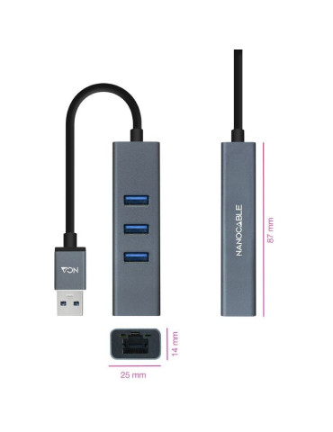 Hub USB 3.0 Nanocable 10.03.0407/ 3xUSB/ 1xRJ45/ Gris 2