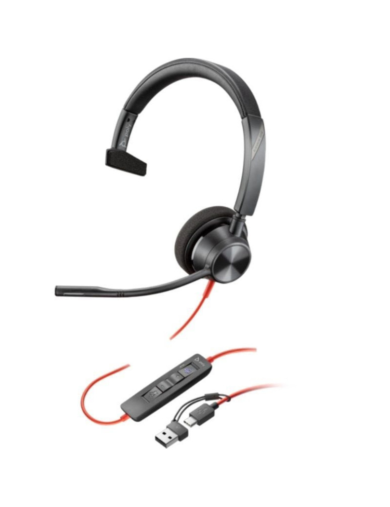 Auricular Poly Blackwire 3310 para Microsoft Teams + Adaptador USB-C/A/ con Micrófono/ USB Tipo-C/ Negro