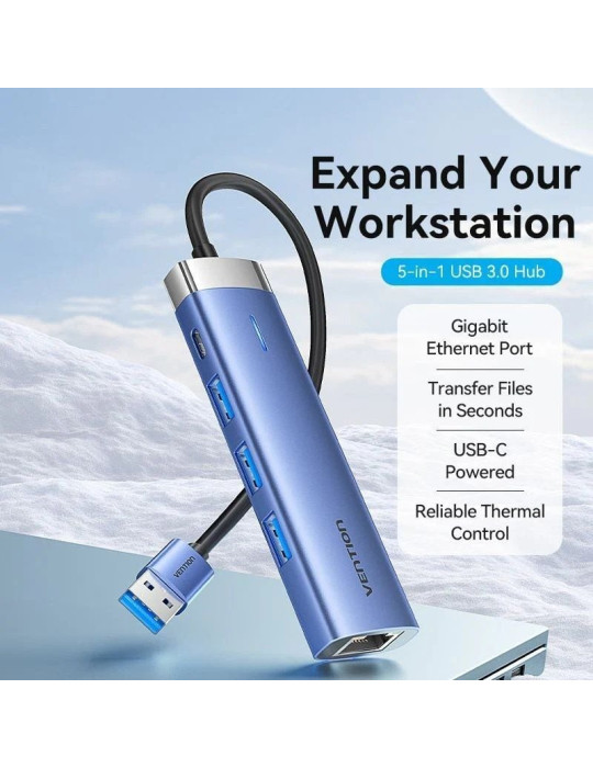 Hub USB 3.0 Vention TGFSB/ 3xUSB/ 1xRJ45/ 1xUSB Tipo-C PD/ Azul