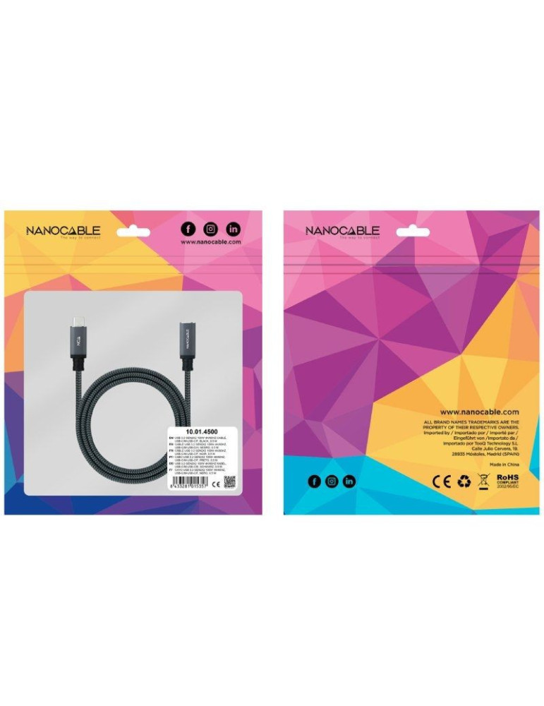 Cable Alargador USB Tipo-C 3.2 Nanocable 10.01.4502-COMB/ USB Tipo-C Macho - USB Tipo-C Hembra/ 2m/ Negro
