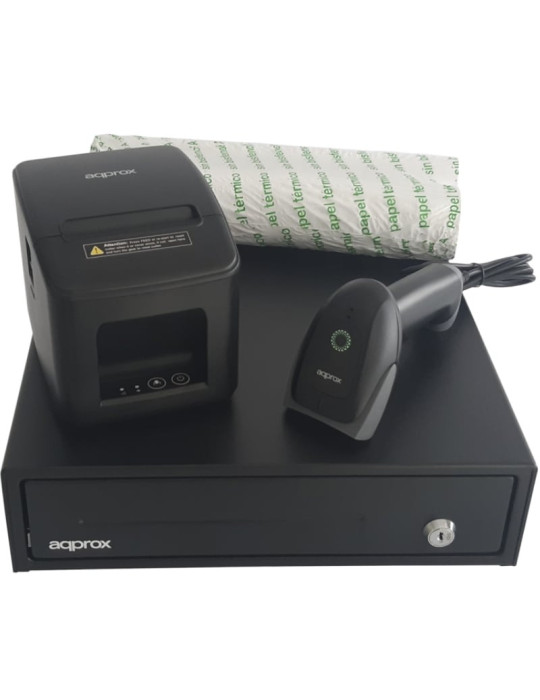 Pack para TPV Approx appPOSPACK3380USB-2D/ Cajón Portamonedas + Impresora Térmica de Tickets + Lector de Códigos + Rollos Térmic