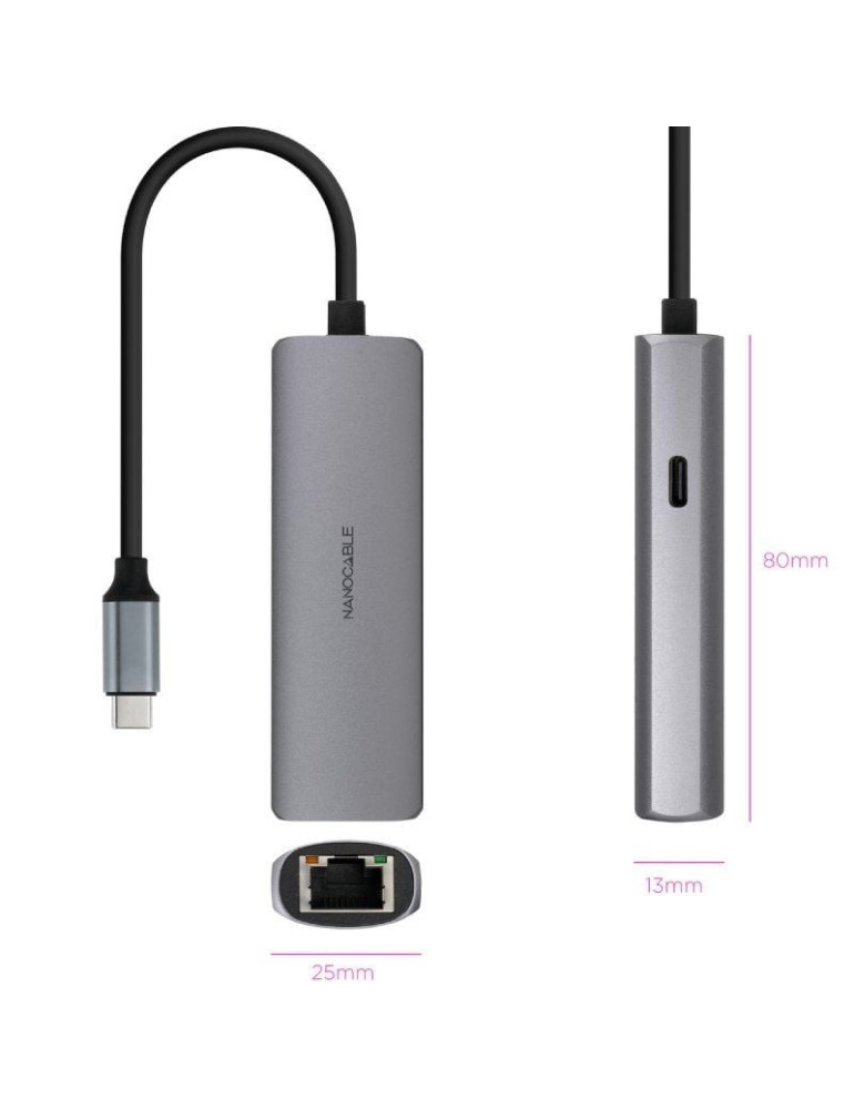Hub USB Tipo-C 3.1 Nanocable 10.16.4603/ 1xUSB Tipo-C PD/ 1xRJ45/ Gris