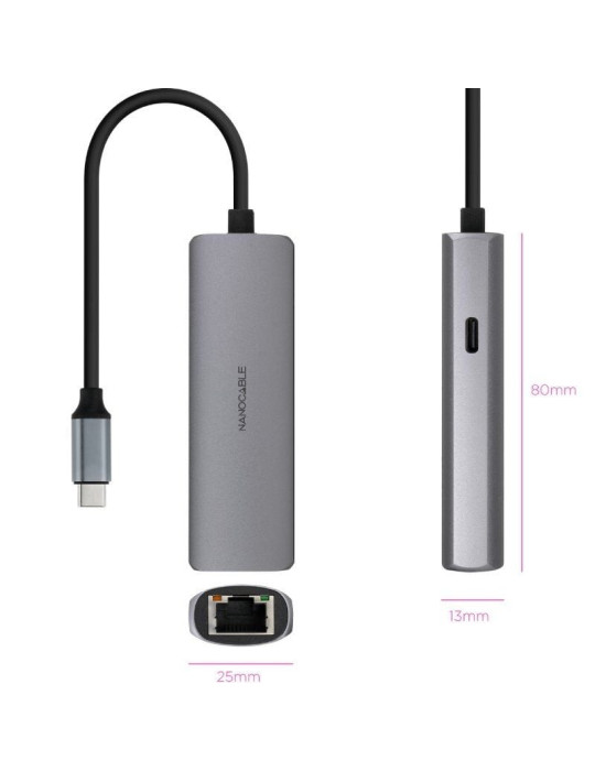 Hub USB Tipo-C 3.1 Nanocable 10.16.4603/ 1xUSB Tipo-C PD/ 1xRJ45/ Gris