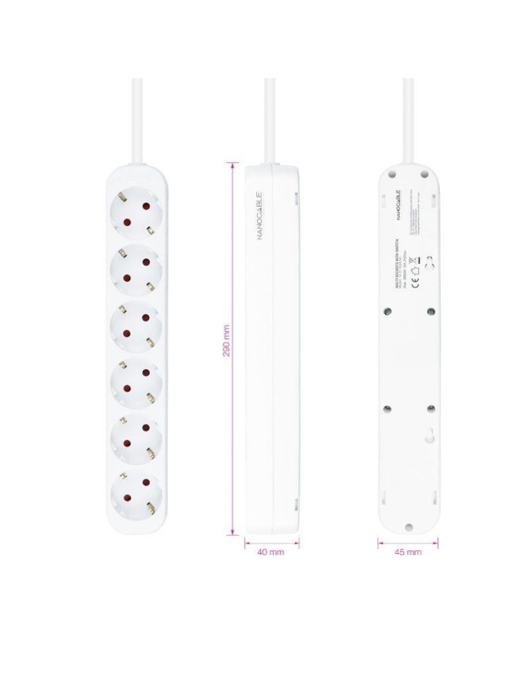 Regleta Nanocable 10.37.0006-NS/ 6 Tomas de Corriente/ Cable 1.4m/ Blanca