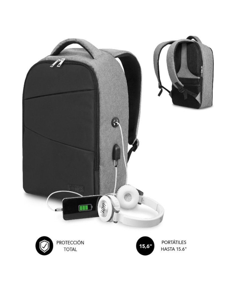 Mochila Subblim Secure V2 AP para Portátiles hasta 15.6"/ Puerto USB/ Antirrobo/ Repelente al agua/ Cinta para Trolley/ Gris