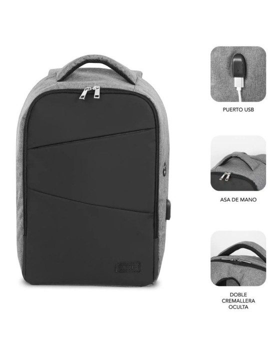 Mochila Subblim Secure V2 AP para Portátiles hasta 15.6"/ Puerto USB/ Antirrobo/ Repelente al agua/ Cinta para Trolley/ Gris