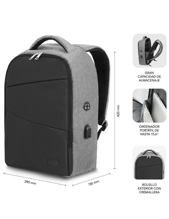 Mochila Subblim Secure V2 AP para Portátiles hasta 15.6"/ Puerto USB/ Antirrobo/ Repelente al agua/ Cinta para Trolley/ Gris