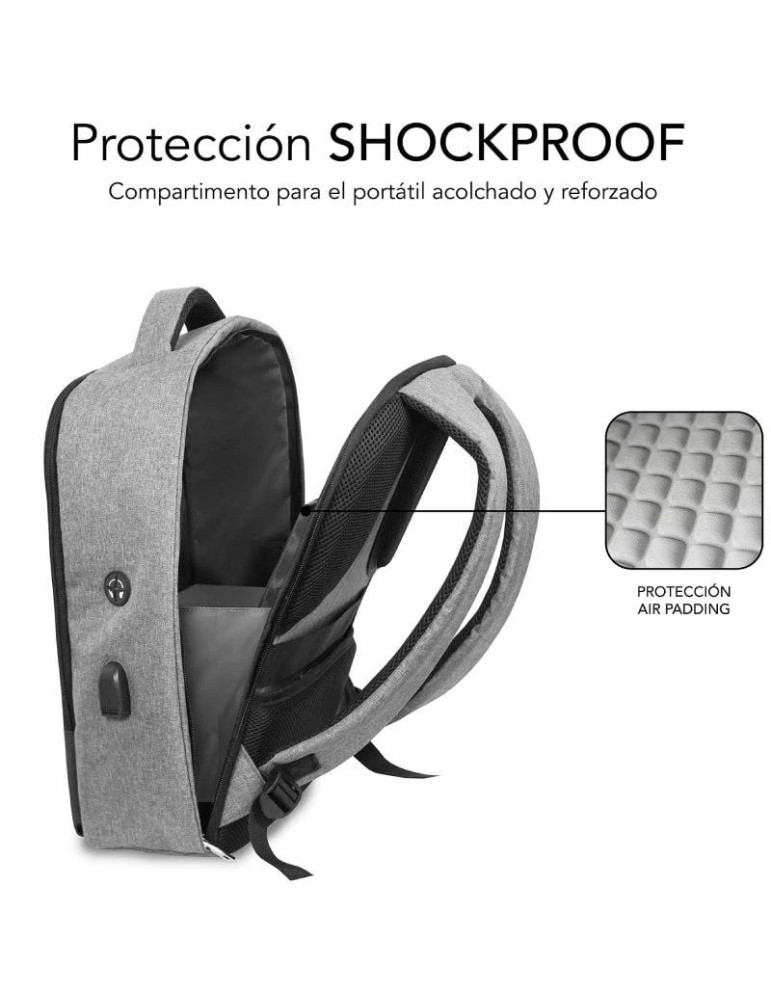 Mochila Subblim Secure V2 AP para Portátiles hasta 15.6"/ Puerto USB/ Antirrobo/ Repelente al agua/ Cinta para Trolley/ Gris