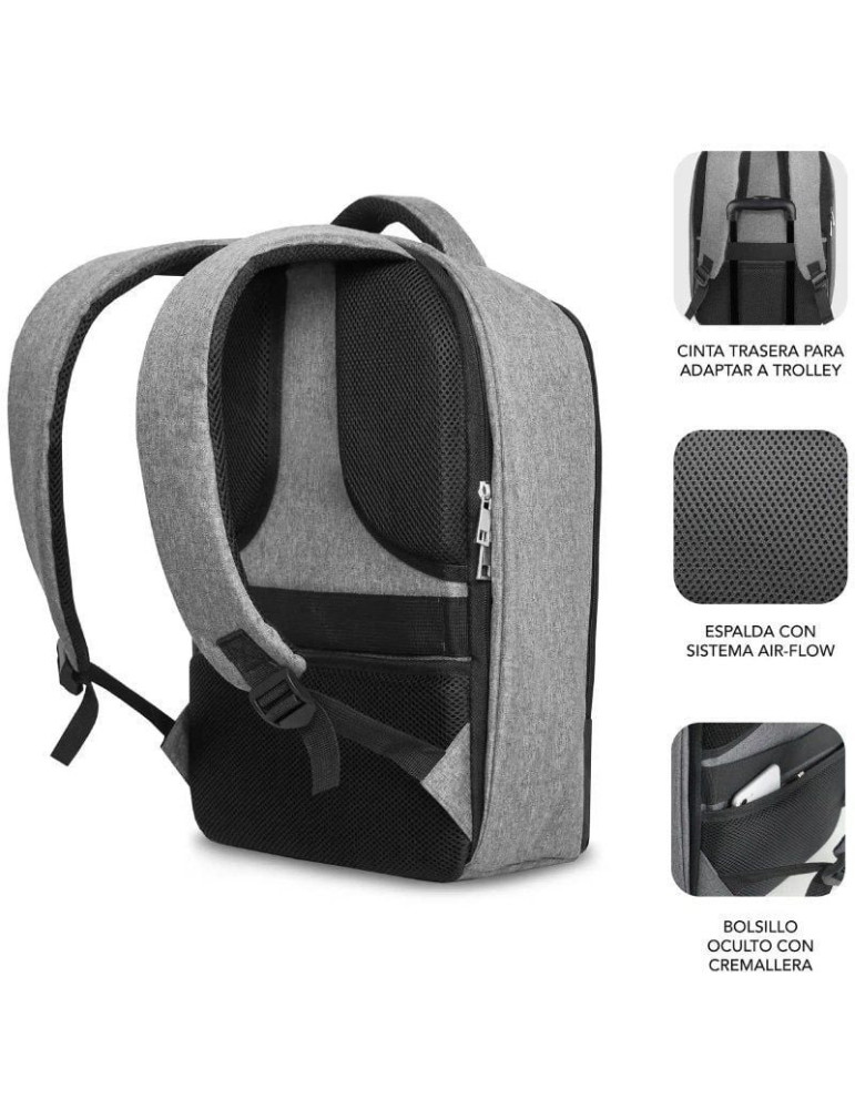Mochila Subblim Secure V2 AP para Portátiles hasta 15.6"/ Puerto USB/ Antirrobo/ Repelente al agua/ Cinta para Trolley/ Gris