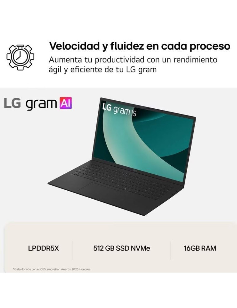 Portátil LG Gram 15ZD80T-G.AX55B Ryzen AI 5-340/ 16GB/ 512GB SSD/ 15.6"/ Sin Sistema Operativo