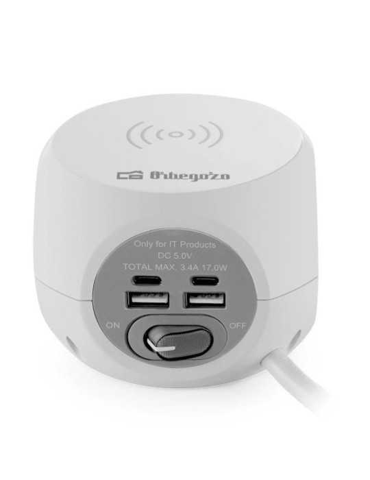Regleta Orbegozo EN 4500 con Carga inalámbrica/ 3 Tomas de corriente/ 2 USB - 2 USB Tipo C/ Cable 1.5m/ Blanca y Gris